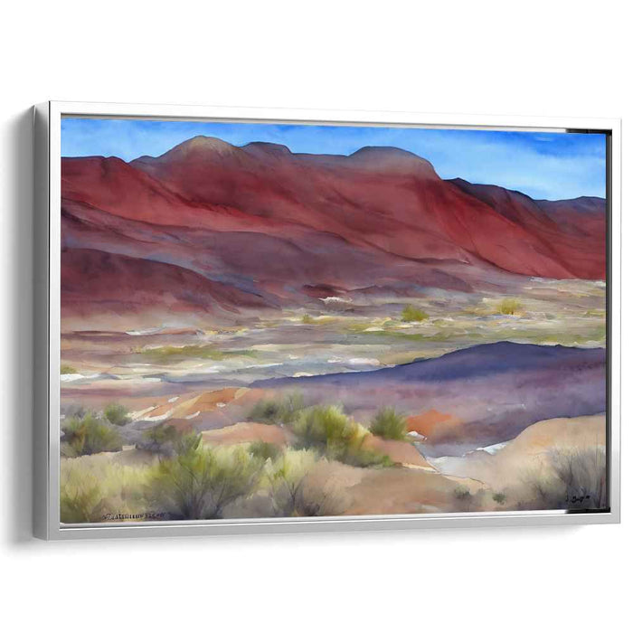 Crimson Tranquil Peaks Whisper: Serene Red Mountain Landscape Watercolor Art