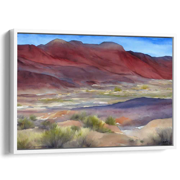 Crimson Tranquil Peaks Whisper: Serene Red Mountain Landscape Watercolor Art