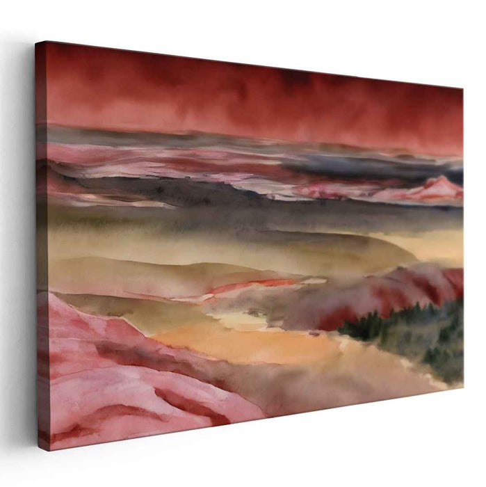 Crimson Horizons: A Watercolor Vista