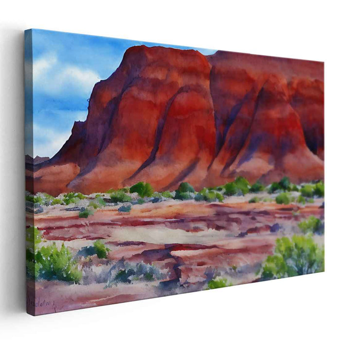 Crimson Canyon's Whispering Waters: Red Rock Canyon Landscape Watercolor Art