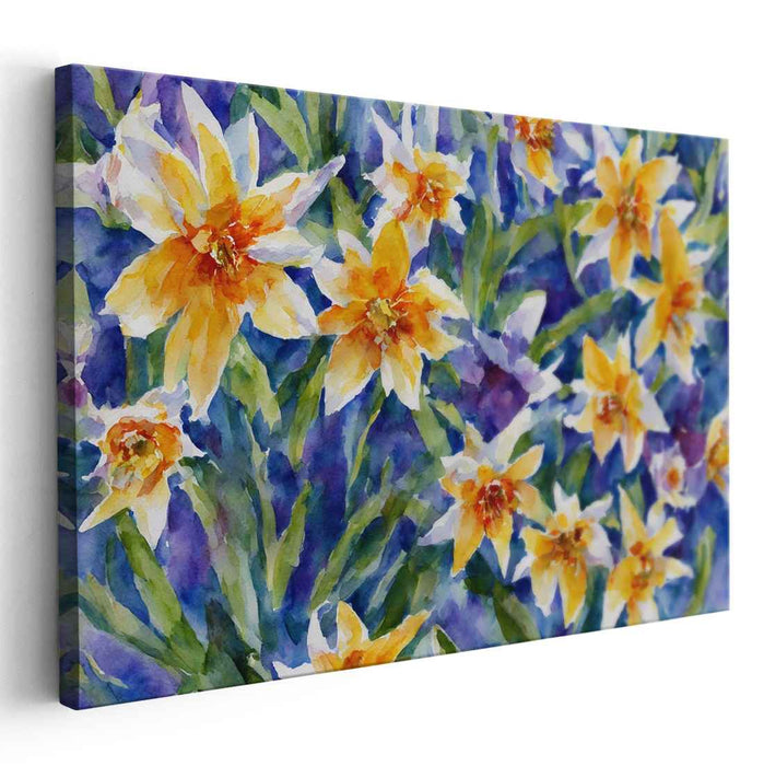 Sunny Petal Reverie: Watercolor Daffodils in Bloom Canvas Art Print
