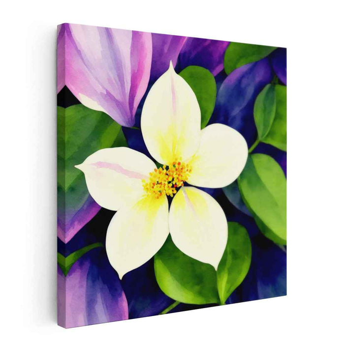 Frosty Flora: Watercolor White Flower with Lush Leaves Canvas Art Print