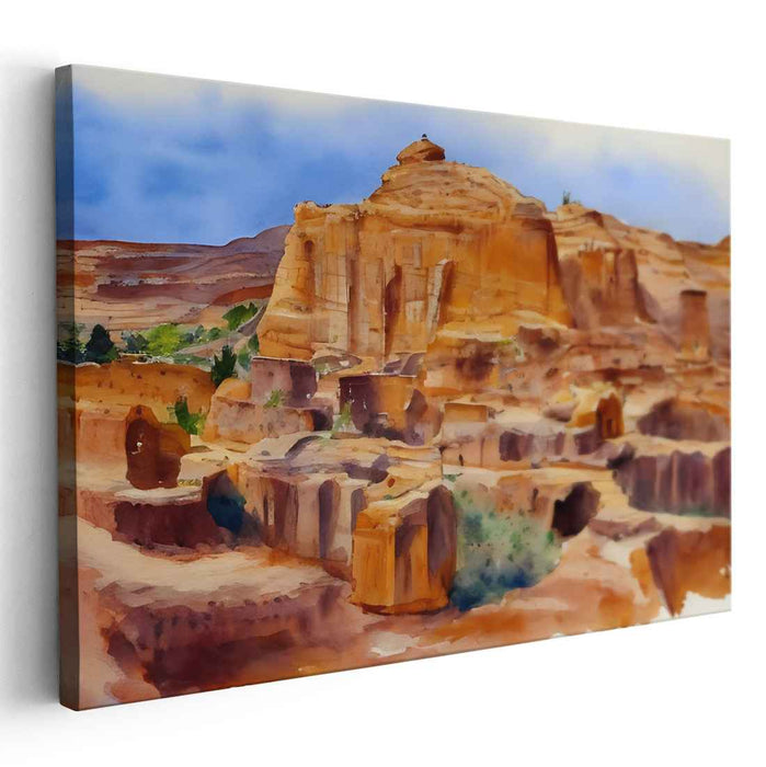 Misty Echoes Among Rocks: Watercolor Canyon Landscape