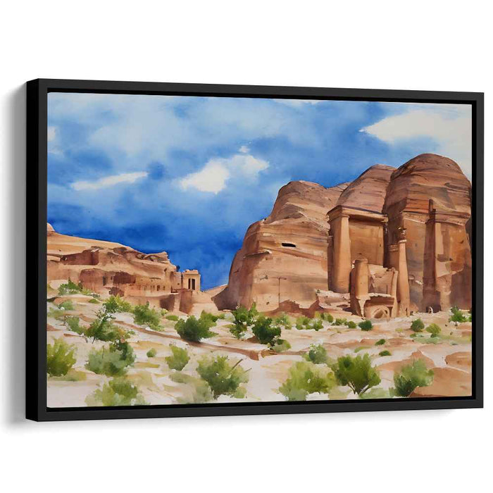 Echoes in Aquamarine Canyon: Watercolor of Petra's Timeless Stone Structures