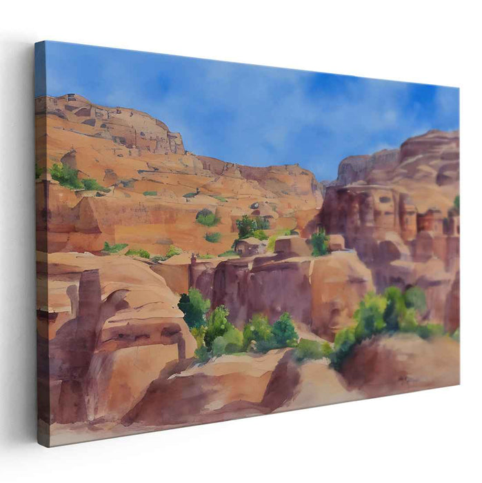 Serene Desert Haven: Watercolor Landscape with Earthy Tones and Lush Greenery