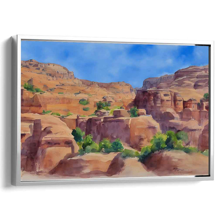 Serene Desert Haven: Watercolor Landscape with Earthy Tones and Lush Greenery