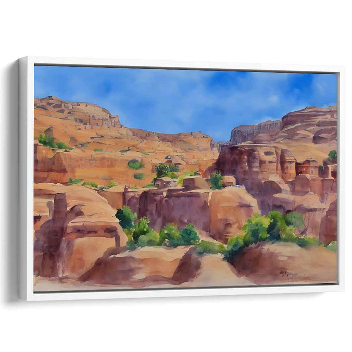 Serene Desert Haven: Watercolor Landscape with Earthy Tones and Lush Greenery