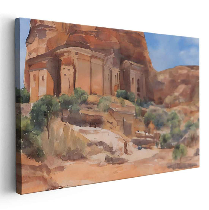 Echoes of Ancient Sands: Watercolor Depiction of Petra's Ancient Tombs