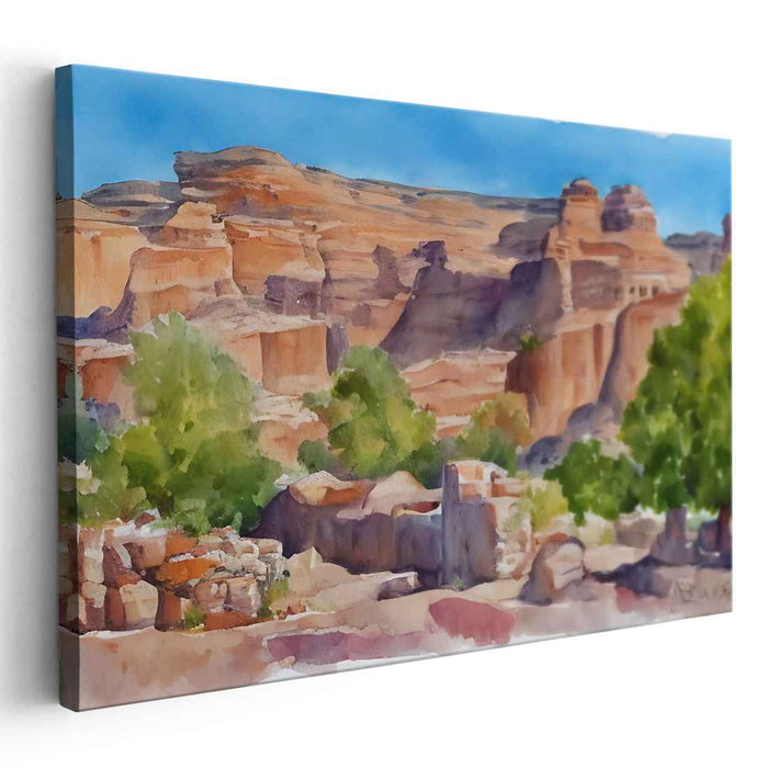 Serenity in Sunlit Canyons: Watercolor Landscape Art Print