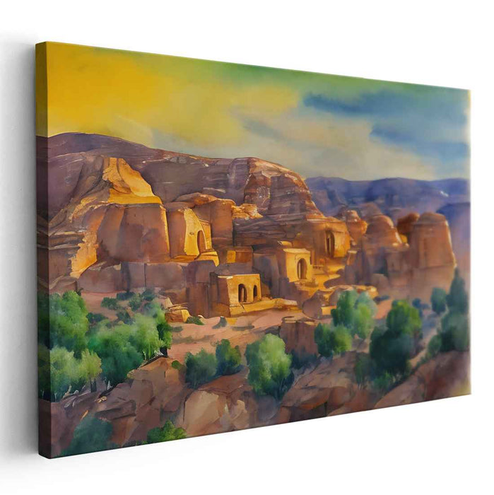 Desert Sanctuary: Watercolor Landscape of Ancient Sandstone Structures