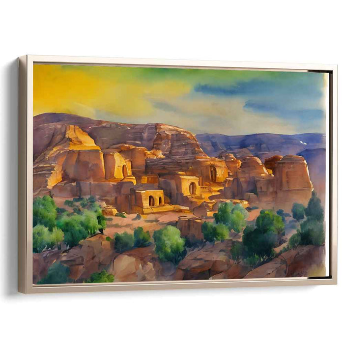 Desert Sanctuary: Watercolor Landscape of Ancient Sandstone Structures