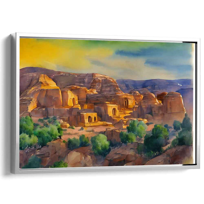 Desert Sanctuary: Watercolor Landscape of Ancient Sandstone Structures