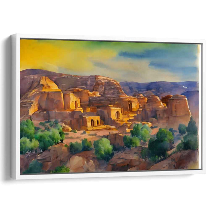 Desert Sanctuary: Watercolor Landscape of Ancient Sandstone Structures