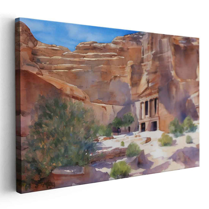 Ethereal Echoes of Jordan's Rose: Watercolor Depiction of Petra's Timeless Beauty