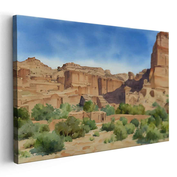 Ancient Desert Oasis: Watercolor Landscape of Timeless Ruins