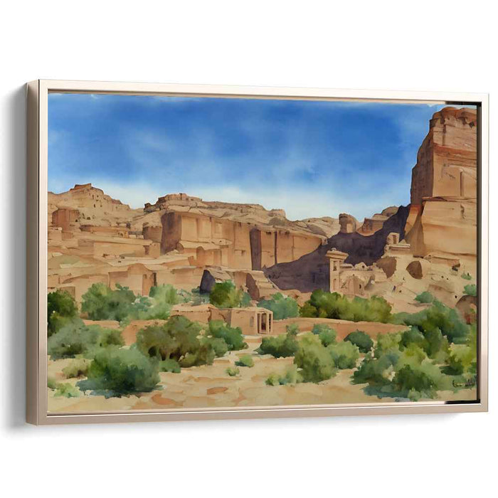 Ancient Desert Oasis: Watercolor Landscape of Timeless Ruins