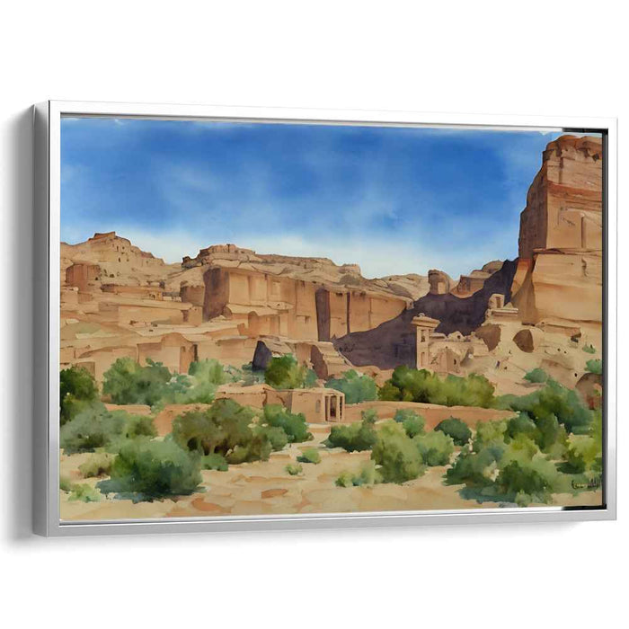 Ancient Desert Oasis: Watercolor Landscape of Timeless Ruins