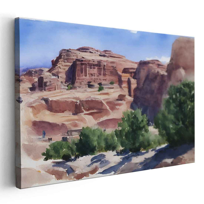 Eternal Desert Majesty: Impressionist Watercolor Landscape with Ancient Ruins