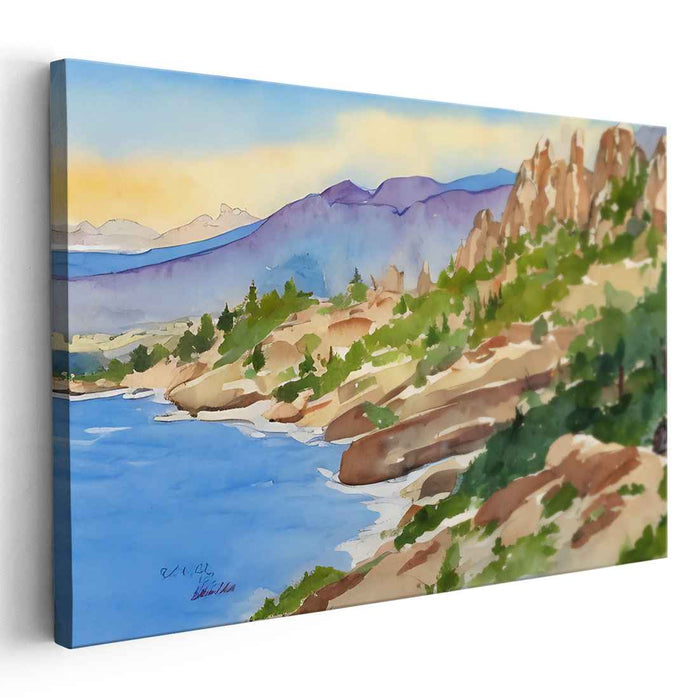 Mountain Lakeside Harmony: Tranquil Watercolor Landscape Art