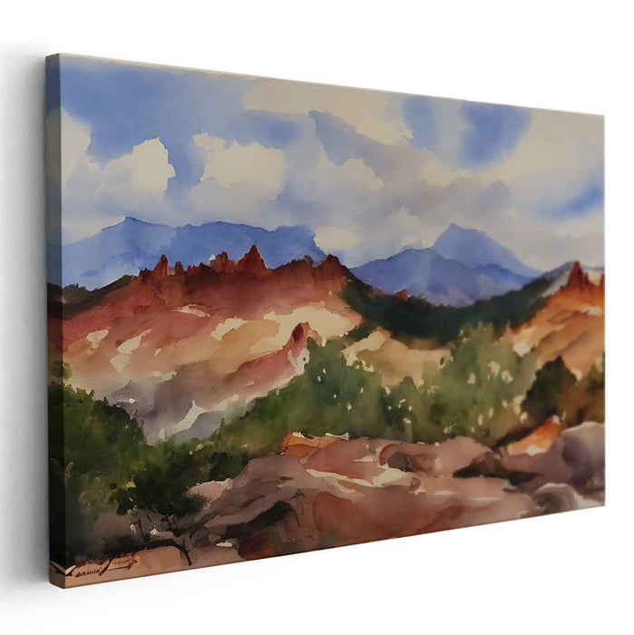 Misty Cascading Peaks: Watercolor Landscape of Majestic Mountains