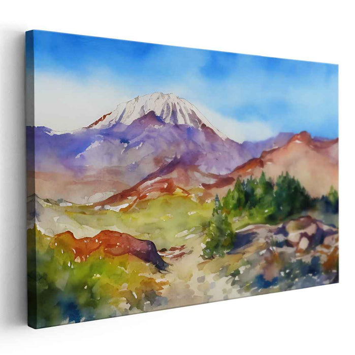 Frosty Peaks and Painted Valleys: Watercolor Landscape of Snow-Capped Mountain and Colorful Hills