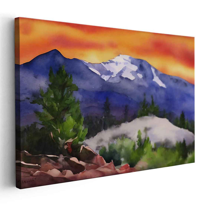 Serene Sunset Over Snow-Capped Peaks: Tranquil Mountain Landscape Canvas Art Print