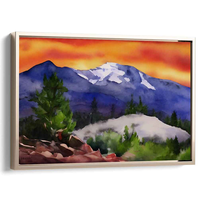 Serene Sunset Over Snow-Capped Peaks: Tranquil Mountain Landscape Canvas Art Print