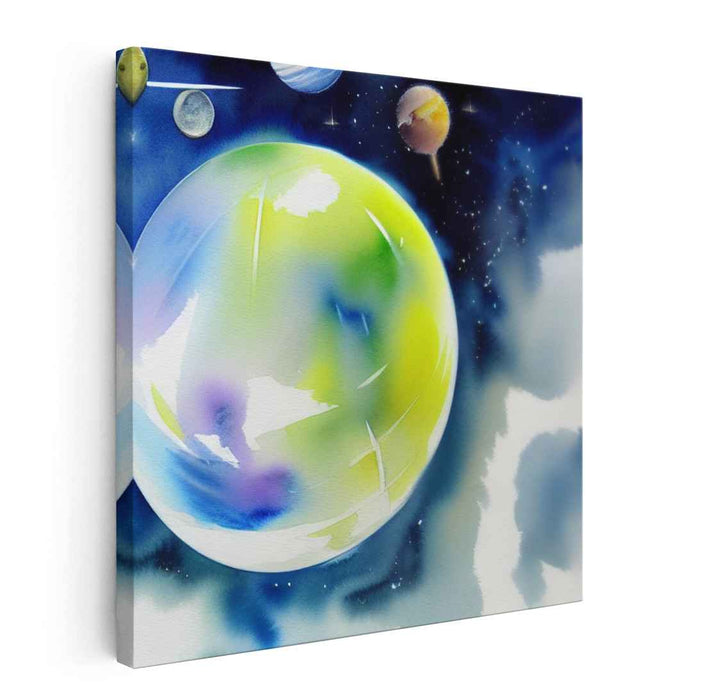Galactic Dreamscape Divinity: Watercolor Planets in Deep Space Canvas Art Print