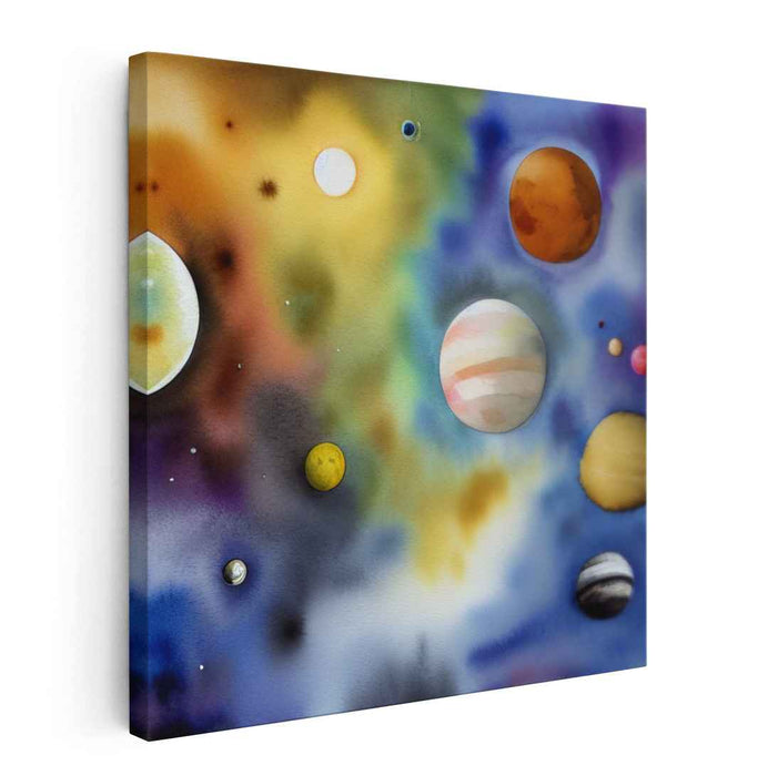 Cosmic Splash Symphony: Vibrant Watercolor Solar System Canvas Art Print