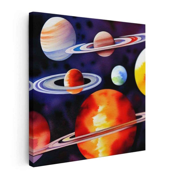 Cosmic Splash Mirage: Vibrant Planetary Watercolor Canvas Art Print