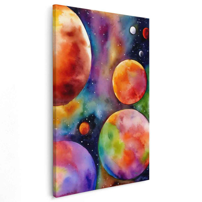 Celestial Color Symphony: Vibrant Watercolor Planets in Space Canvas Art Print