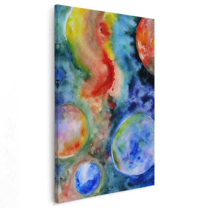 Cosmic Aquatic Dreamscape: Abstract Watercolor Planets Canvas Art Print