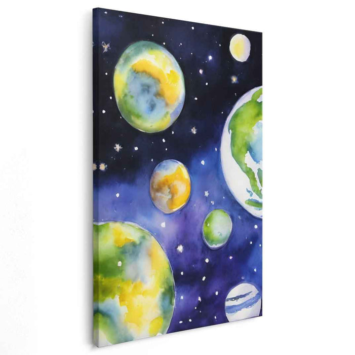 Cosmic Dream Journeys: Vibrant Watercolor Planets in Deep Space Canvas Art Print