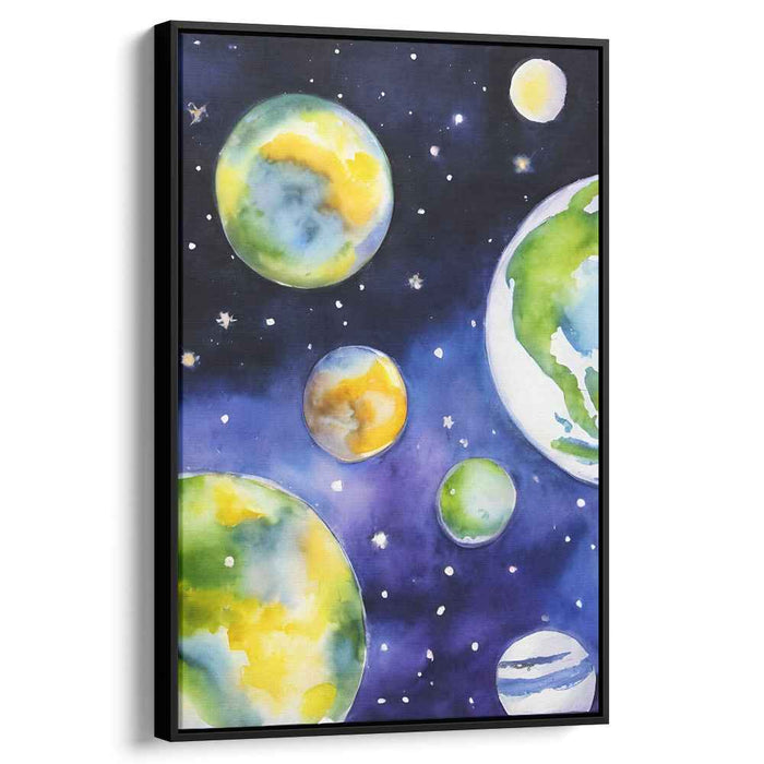 Cosmic Dream Journeys: Vibrant Watercolor Planets in Deep Space Canvas Art Print