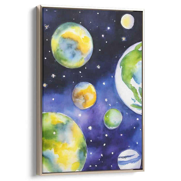Cosmic Dream Journeys: Vibrant Watercolor Planets in Deep Space Canvas Art Print