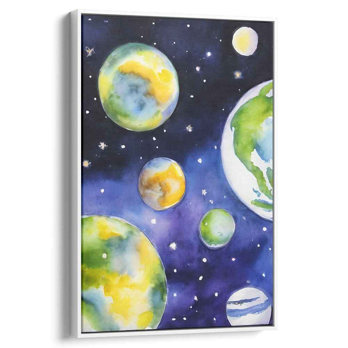 Cosmic Dream Journeys: Vibrant Watercolor Planets in Deep Space Canvas Art Print