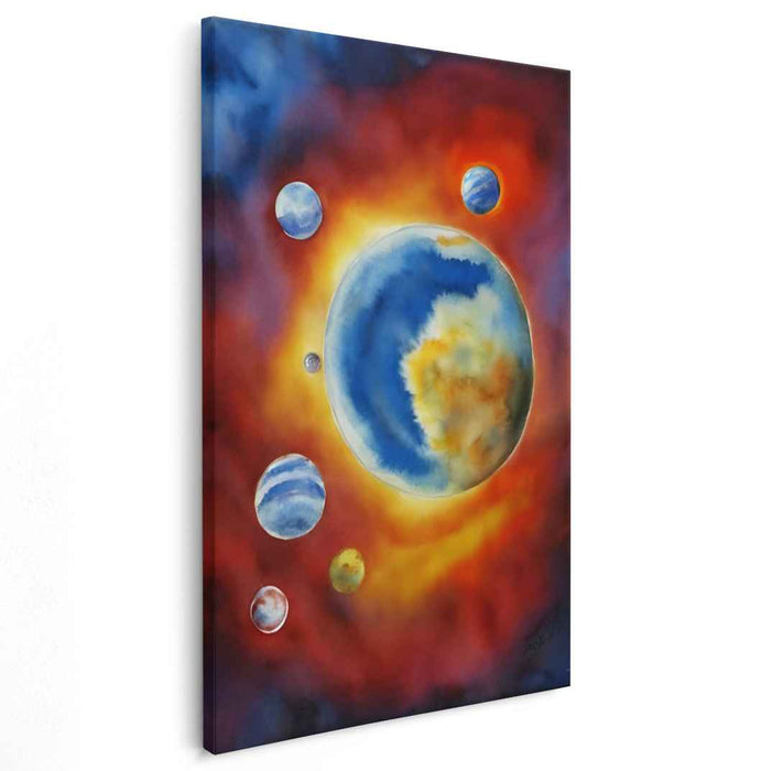 Celestial Orbs Symphony: Vibrant Watercolor Planets in Cosmic Harmony