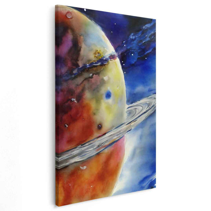 Aqua Cosmic Dreamland: Watercolor Planet with Rings Canvas Art Print