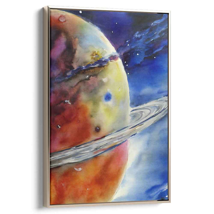 Aqua Cosmic Dreamland: Watercolor Planet with Rings Canvas Art Print