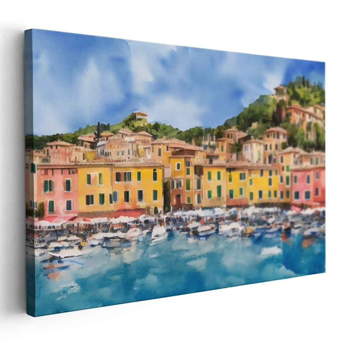Aquatic Haven: Vibrant Waterfront Village Canvas Art Print