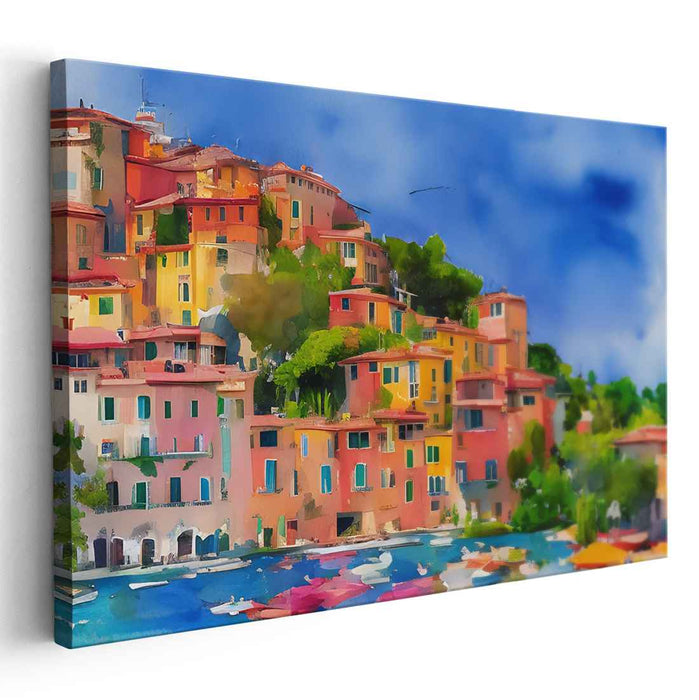 Seaside Village Tapestry: Vibrant Coastal Village Impressionist Canvas Art