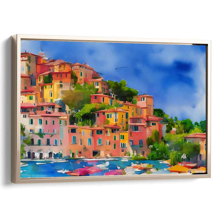 Seaside Village Tapestry: Vibrant Coastal Village Impressionist Canvas Art