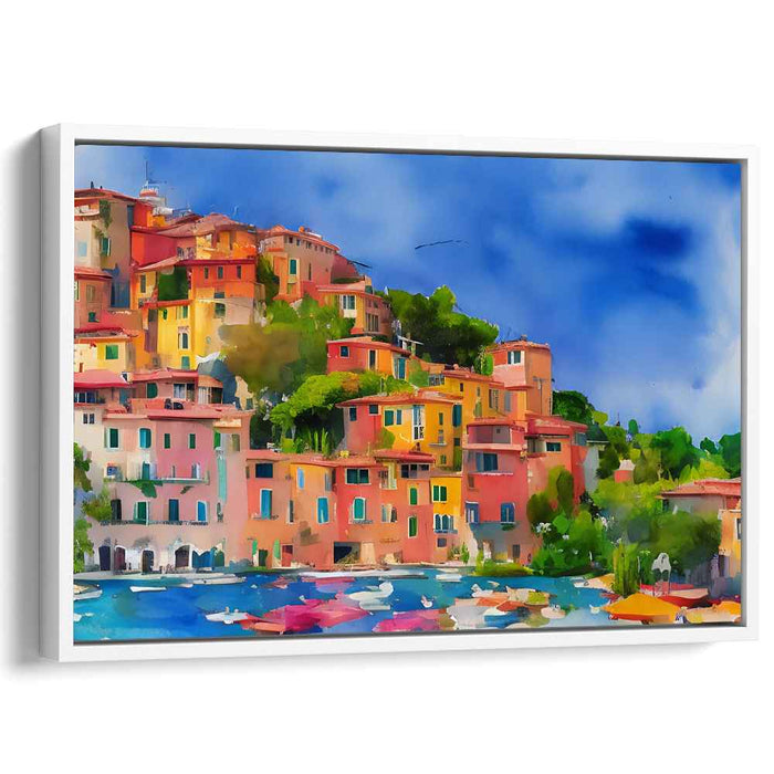 Seaside Village Tapestry: Vibrant Coastal Village Impressionist Canvas Art
