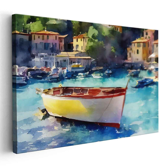 Tide's Breeze Village: Watercolor Coastal Village with Floating Boat Canvas Art Print