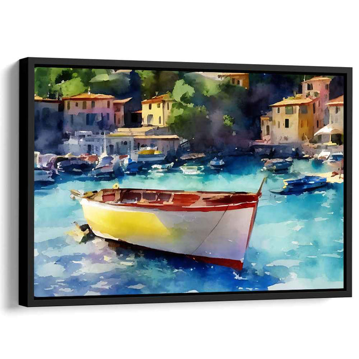 Tide's Breeze Village: Watercolor Coastal Village with Floating Boat Canvas Art Print