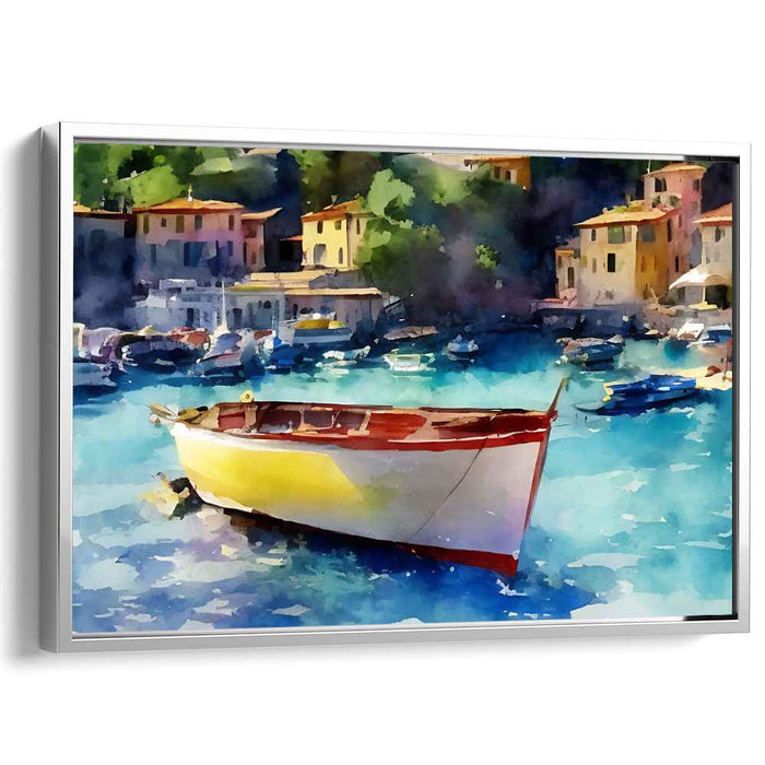Tide's Breeze Village: Watercolor Coastal Village with Floating Boat Canvas Art Print