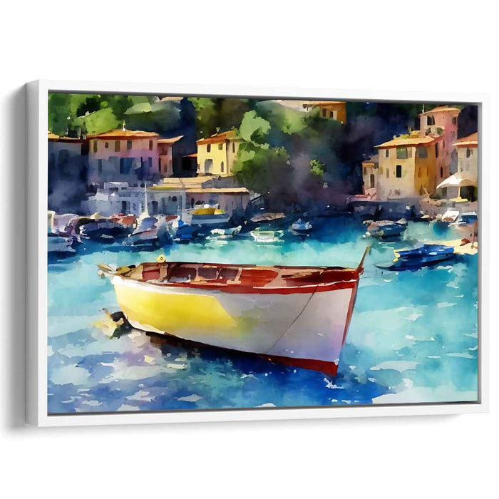 Tide's Breeze Village: Watercolor Coastal Village with Floating Boat Canvas Art Print