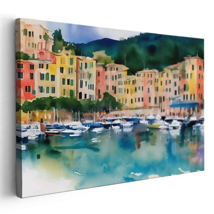Ethereal Harbor Hues: Luminous Watercolor Portscape Canvas Art