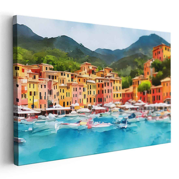 Maritime Melody: Vibrant Coastal Town Watercolor Canvas Art Print