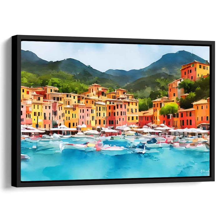 Maritime Melody: Vibrant Coastal Town Watercolor Canvas Art Print